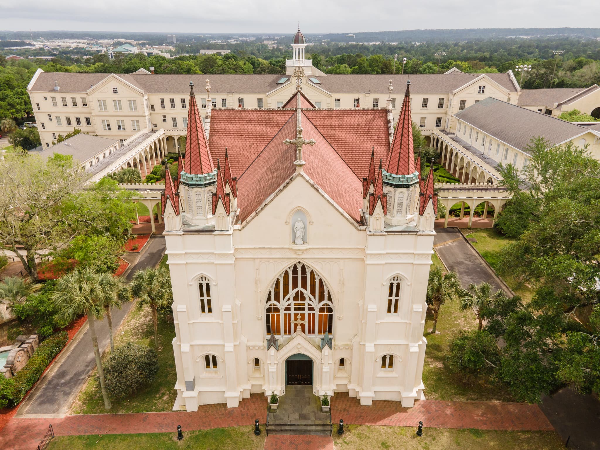 Aerial view of St. Joseph Chapel at the heart of the Spring Hill College campus